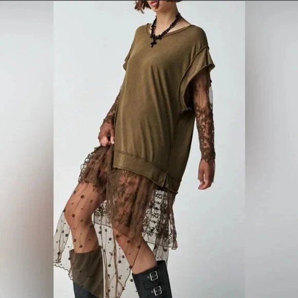 Free People Rock Steady Maxi Top Embroidered Knit Long Sleeve Green M - Picture 1 of 6